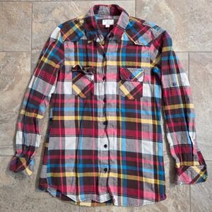 Matchstick Womens Plaid Flannel Shirt Multicolor Western Cotton Button Up Small